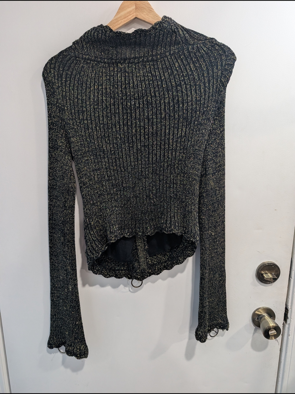 Betsey Johnson Black Gold Metallic Knit Zip Jacket with Ring Hardware Sz Small - Picture 4 of 5